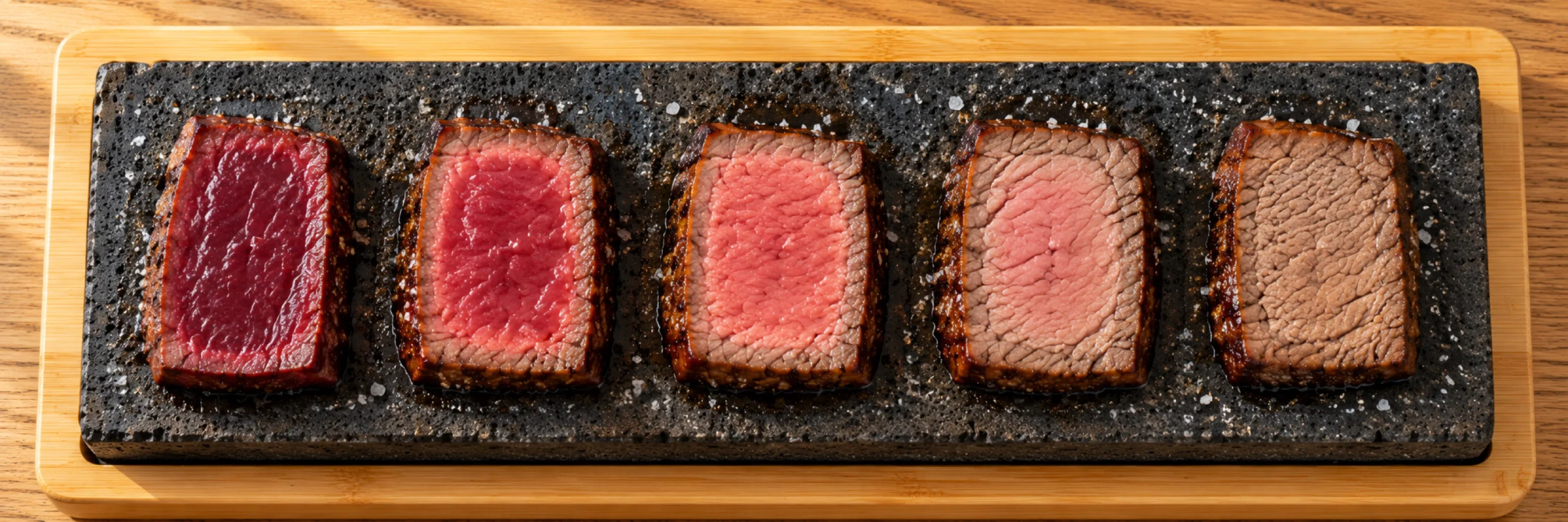 Five slices of steak on a lava stone, from blue on the left to well done on the right