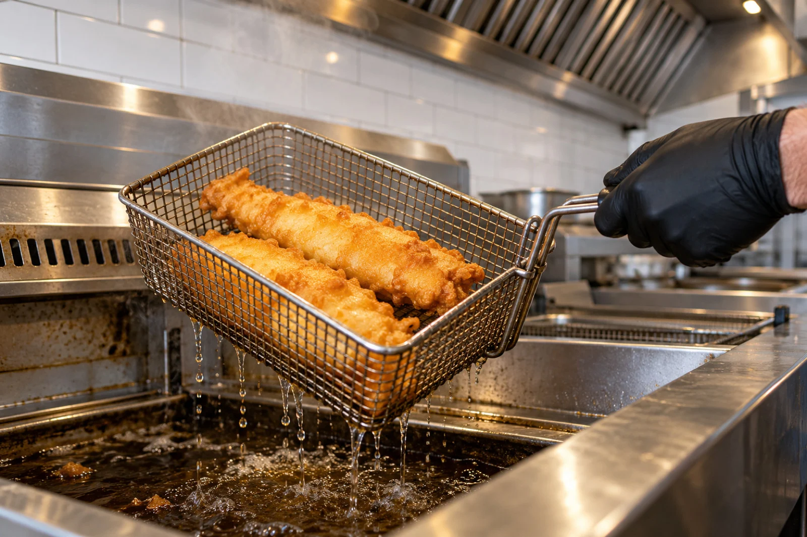 A basket of battered fish lifted out of the fryer