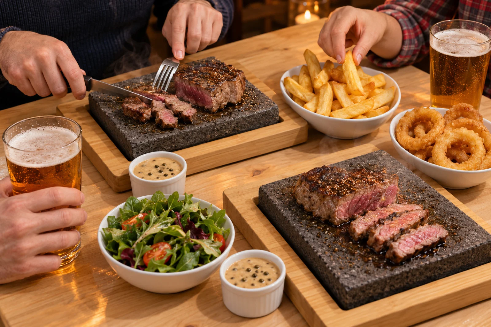 Hands at a table sharing steaks on two lava stones, chips, onion rings and pints