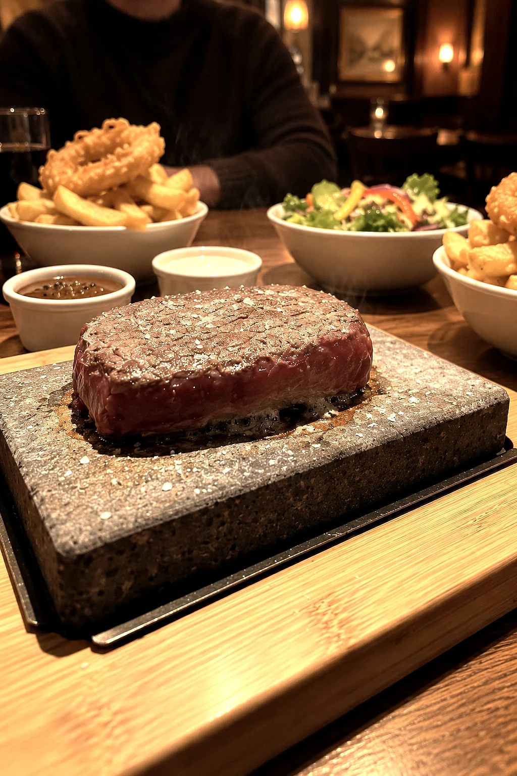 A thick steak on a lava stone at the table, with chips, onion rings, salad and sauces around it